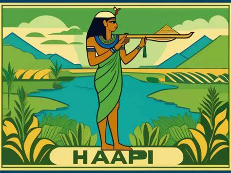 Representación iconográfica de Hapi con sus atributos de fertilidad: pechos colgantes, estómago prominente y plantas acuáticas como el loto y el papiro.
