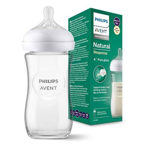 Biberón Avent Natural Response de vidrio mostrando sus partes principales: cuerpo de vidrio, tetina y tapa