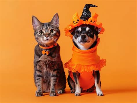 Foto de mascotas (perro y gato) con disfraces y juguetes temáticos de Halloween