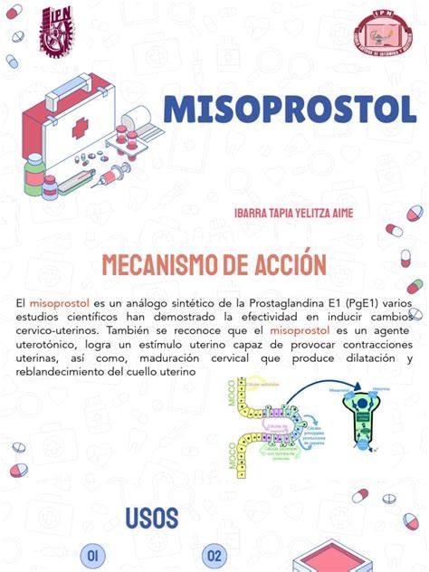 Esquema del mecanismo de acción del misoprostol: estimulación de prostaglandinas, contracción uterina y dilatación cervical.