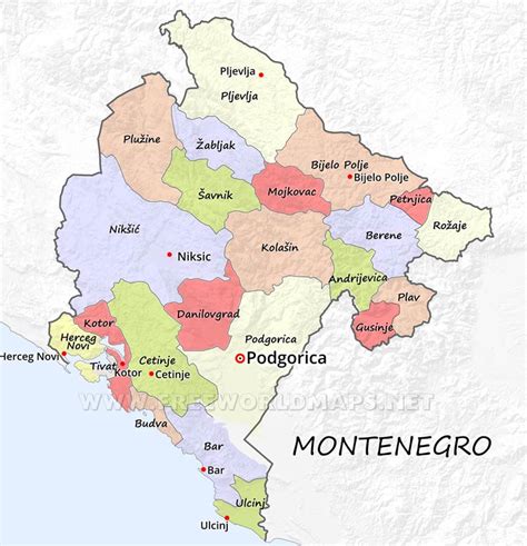 Mapa de Montenegro con puntos de alta densidad de población en áreas urbanas