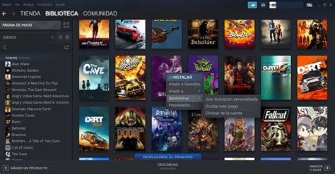 Interfaz de la biblioteca de Steam mostrando cómo eliminar una estantería predeterminada