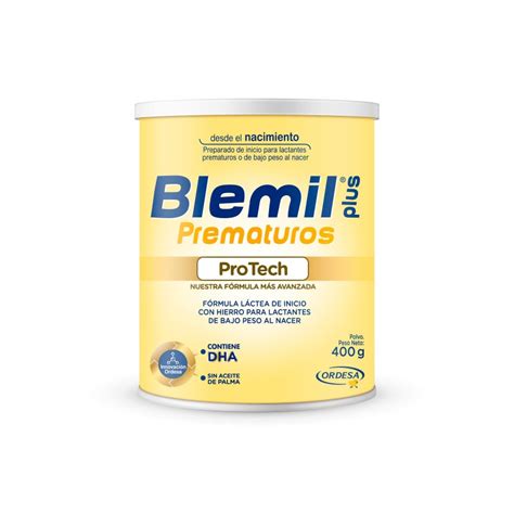 Infografía detallada sobre la composición nutricional de Blemil Plus Prematuros, destacando proteínas, lípidos, carbohidratos y micronutrientes