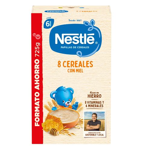 infografía detallando los nutrientes clave de la papilla Nestlé 8 Cereales con Miel y sus beneficios para el desarrollo infantil.