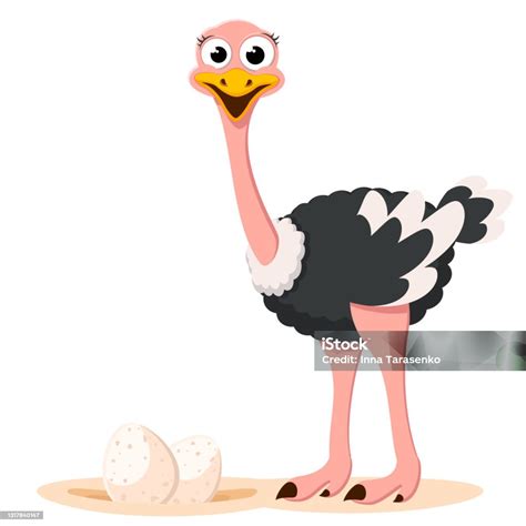 ilustración detallada del nido de avestruz con múltiples huevos y avestruces adultos cuidándolos