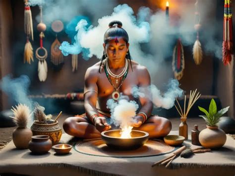 Ilustración de un j-meen realizando una ceremonia de curación con humo de tabaco o copal