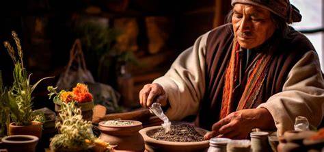 Foto de una partera maya tradicional en su entorno de trabajo, con plantas medicinales o elementos rituales