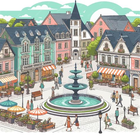 Ilustración de un corro popular tradicional con hombres y mujeres en una plaza de pueblo español