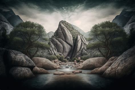 Ilustración de un niño perdido en un paisaje montañoso, con nubes grises y zarzamoras.