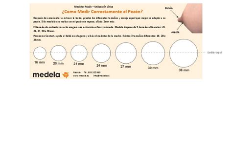 Infografía comparativa de tallas de pezoneras y método de medición del pezón con una regla o plantilla imprimible.