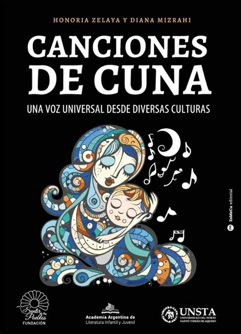 Ilustración de un libro de canciones de cuna con diseños chilenos tradicionales