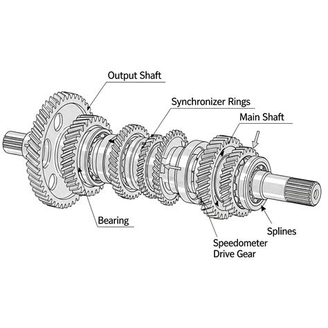 Ilustración detallada del eje de transmisión y componentes relacionados en un vehículo utilitario ligero.