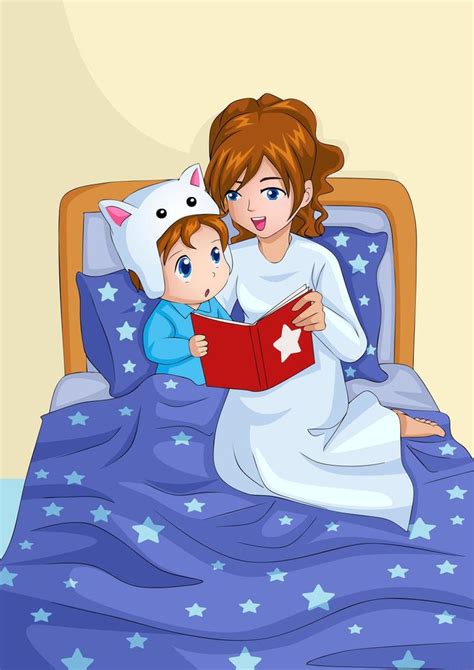 ilustración de una madre leyendo un cuento a su bebé antes de dormir
