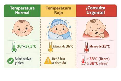 Esquema educativo sobre el rango de temperatura normal en un recién nacido frente a un estado febril