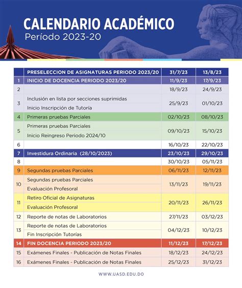 Calendario académico con resaltado de fechas de evaluaciones y fin de curso