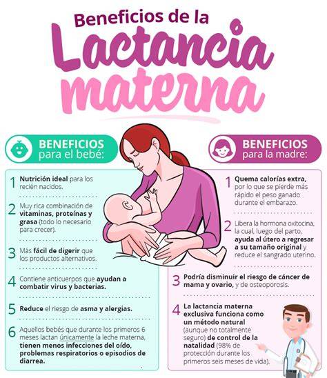 Esquema que muestra los beneficios de la lactancia materna para la salud del lactante y la madre (protección inmunológica y prevención de enfermedades)