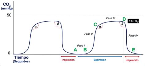 Gráfico de un capnograma normal con las fases I, II, III, IV y los puntos claramente marcados, incluyendo los ángulos Alfa y Beta.