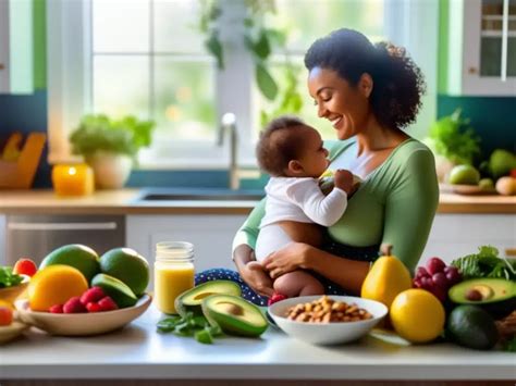 Composición gráfica de alimentos saludables para una madre lactante.