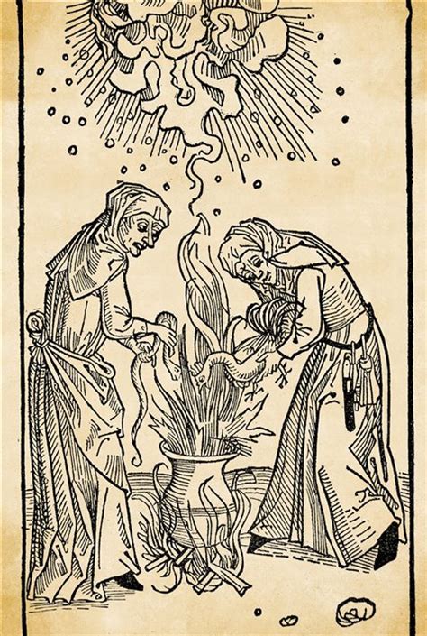 Grabado antiguo representando la caza de brujas y la Inquisición, con mujeres siendo juzgadas.