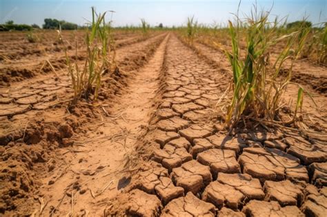 Imagen de suelo árido y agrietado, contrastando con un campo fértil