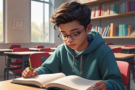 Estudiante leyendo un libro de texto de inglés con un mapa conceptual de comprensión lectora.