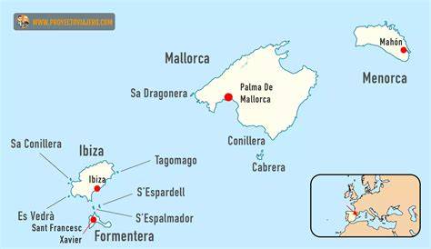 mapa de las Islas Baleares destacando la ubicación de Ibiza, Palma de Mallorca, Menorca y Formentera
