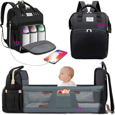 Infografía detallando los compartimentos y accesorios de un bolso cambiador tipo mochila