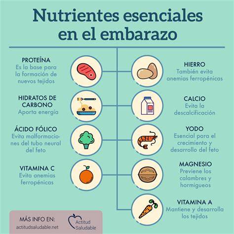 Infografía comparativa: Nutrientes esenciales en el embarazo (Ácido fólico, Yodo, Hierro, Vitamina D, Omega-3)