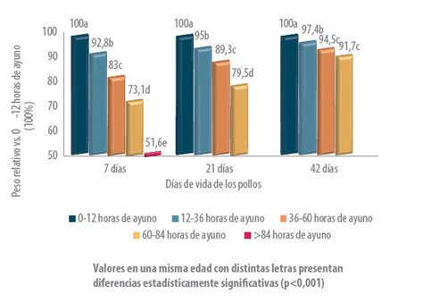 Figura 1: Efecto de las horas de ayuno tras la eclosión sobre el peso vivo de los pollos a distintas edades.