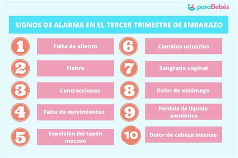 Ilustración de los síntomas comunes del tercer trimestre de embarazo, incluyendo dolor de espalda, hinchazón y acidez estomacal.