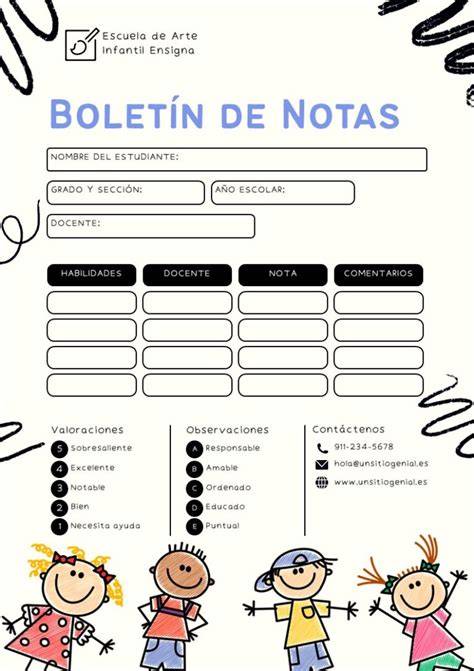 Ejemplo de boletín de notas para educación infantil con ítems codificados por color