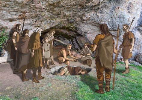 Ilustración de un enterramiento neandertal en posición fetal