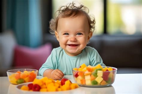 Bebé comiendo trozos de fruta con las manos