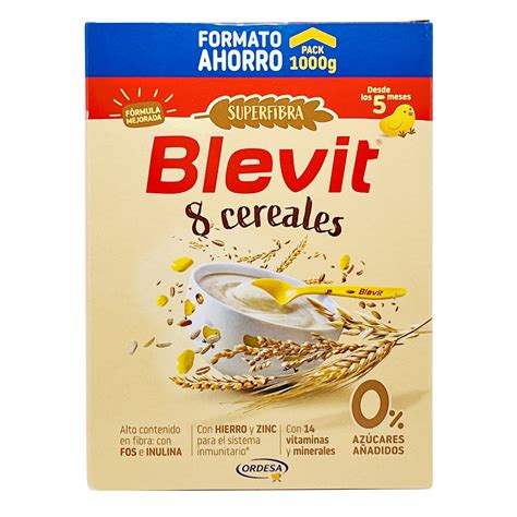 Infografía mostrando los 8 cereales presentes en la papilla Blevit Plus Optimum 8 Cereales y sus beneficios nutricionales.