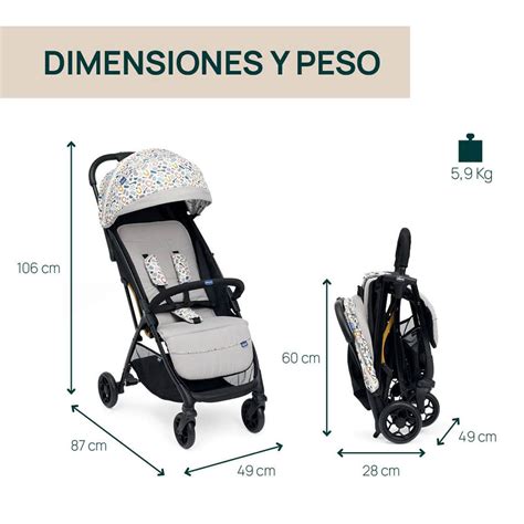 Esquema de las características de una silla de paseo ligera Asalvo (plegado, ligereza, materiales)