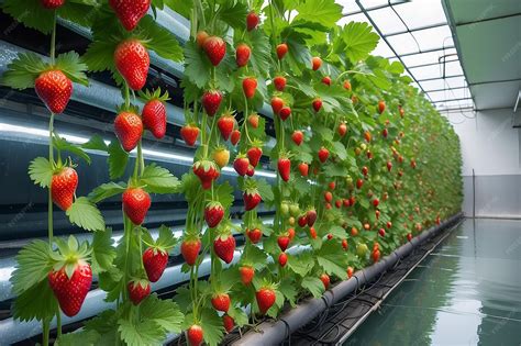Cultivo hidropónico de fresas en diferentes etapas de desarrollo, desde plántulas hasta frutos maduros