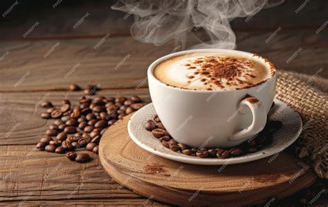 Taza de café humeante y granos