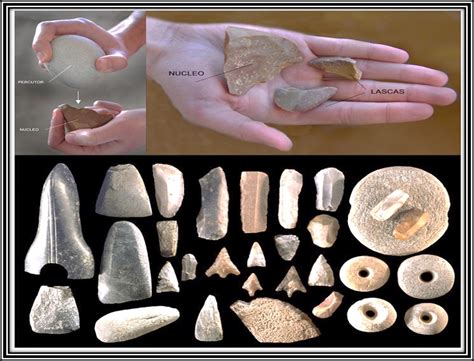 Herramientas líticas de cuarzo y sílex encontradas en el nivel TE7 de la Sima del Elefante, incluyendo un guijarro con extracción bifacial y lascas.