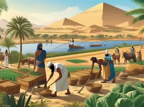 Agricultura en el Antiguo Egipto, con representaciones de cultivos junto al Nilo