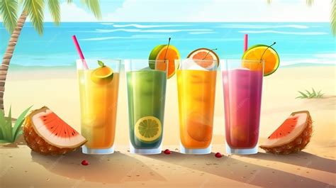 Variedad de cócteles tropicales dominicanos con frutas frescas