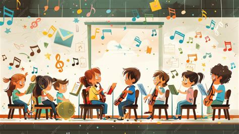 Ilustración de varios niños y bebés durmiendo plácidamente con notas musicales flotando
