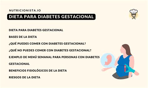 Infografía sobre la dieta recomendada para la diabetes gestacional con ejemplos de alimentos