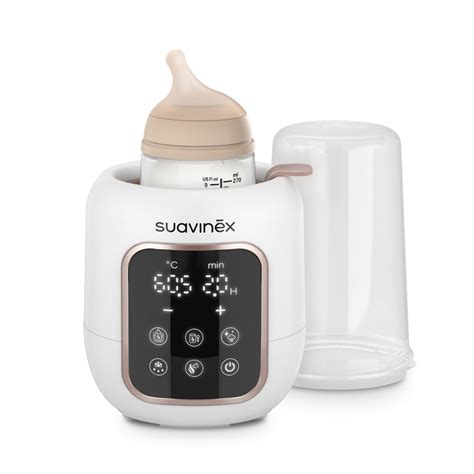 Ilustración de las diferentes funciones del calienta biberones Suavinex 5 en 1: calentar, descongelar, mantener caliente, modo exprés, modo tarrito, modo suave.
