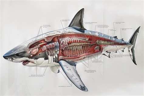 Ilustración detallada de la anatomía externa del tiburón blanco, destacando sus aletas, cabeza y mandíbula.