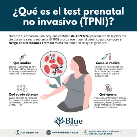 infografía sobre el proceso del test prenatal no invasivo (TPNI), mostrando la extracción de sangre materna y el análisis del ADN fetal
