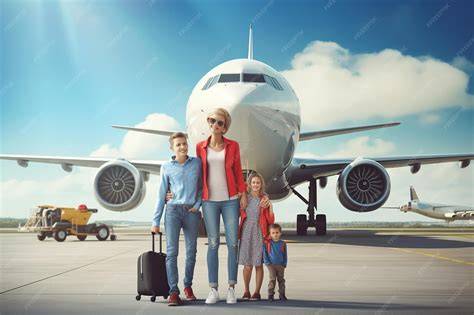 Imagen de una familia viajando con una silla de paseo ligera plegada en un aeropuerto