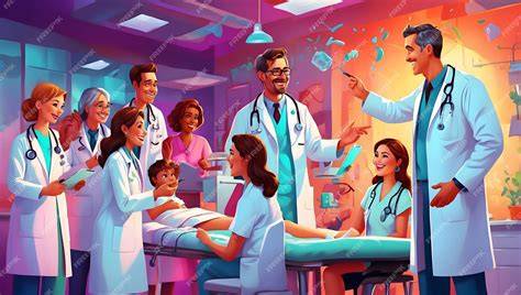 Ilustración de una pareja interactuando con personal médico en un entorno clínico