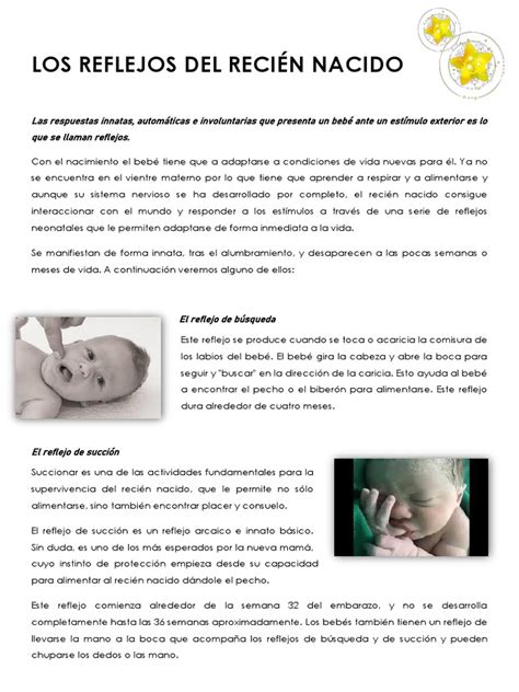 Ilustraciones detallando los principales reflejos neonatales: Moro, succión, prensión, tónico del cuello y búsqueda.