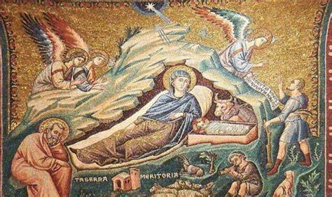 Mosaico bizantino de la natividad de Jesús con las parteras