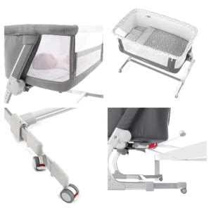 Esquema de la minicuna Jané Babyside mostrando sus diferentes partes: estructura, colchón, ruedas y sistema de colecho.